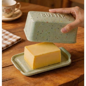 以下が含まれることがあります： 蓋に「BUTTER」の文字がエンボス加工された、薄緑色のセラミックバター皿。カラフルなドットが散りばめられており、黄色のバターの塊が入っています。バターを出すために蓋が持ち上げられています。