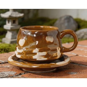 Personalized handmade kiln-baked ceramic coffee cups and plates set, Japanese rustic pottery mug