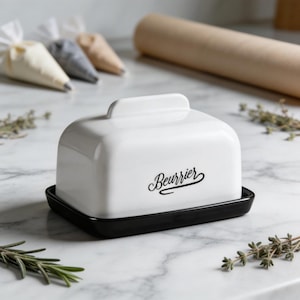 Personalized Ceramic Butter Dish, Black White Rectangular Keeper, French "Beurrier" Script