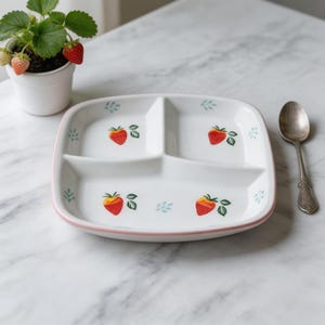 May include: White divided plate with a pink rim, decorated with red strawberries and green leaves. A small potted strawberry plant and a silver spoon are next to the plate. The plate has three sections.