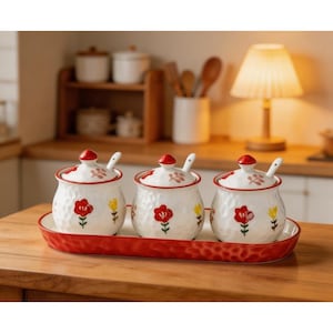 Könnte beinhalten: Ein Set aus drei weißen Keramik-Gewürzgläsern mit roten Blumenmustern, jeweils mit einem passenden Löffel, auf einem roten ovalen Tablett. Die Gläser haben rote Deckel und stehen auf einer Holzoberfläche.
