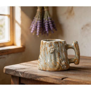 Puede incluir: Una taza de cerámica con diseño de tocón de árbol. La taza es azul claro y marrón con una superficie texturizada y un asa grande. La taza está sobre una mesa de madera.