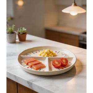 Piatto a 3 scomparti in ceramica color crema personalizzabile / Porzioniera dipinta a mano