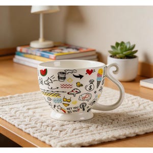 Customizable Doodle Ceramic Mug | Wide-Mouth Coffee Cup, Noodles, Breakfast Bowl