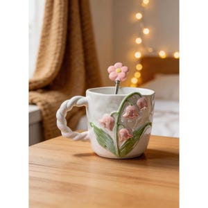 Personalized lily pattern ceramic mug with twist handle, pearl glaze coffee cup
