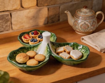 Bandeja de cerámica con forma de repollo, dividida en tres secciones, para aperitivos y tentempiés, con asa.