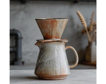 Custom Wood-Fired Ceramic Pour Over Coffee Set, Rustic Kiln Change Glaze Dripper & Server Kit