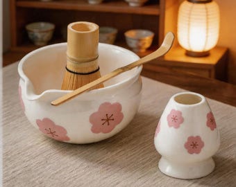 Juego de cuencos personalizados para matcha con diseño de flor de cerezo Sakura, chawan de matcha con pico vertedor de estilo japonés y kit de soporte para batidor.