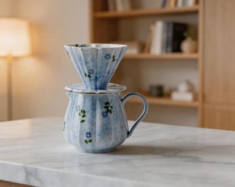 Custom Hand-Painted Blue Floral Ceramic Pour Over Coffee Set, Scalloped Dripper & Server Kit