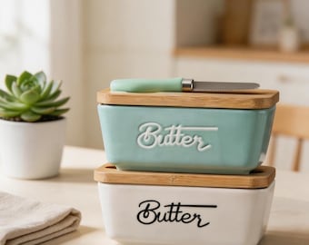 Customizable Ceramic Butter Dish with Bamboo Lid and Knife, Embossed Storage Container