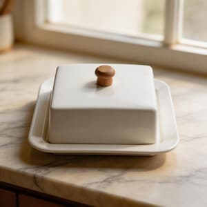 以下が含まれることがあります： 正方形の蓋と木製のノブが付いた白いセラミックバター皿。皿は、お揃いの長方形のベースに置かれています。バター皿はキッチンでの使用のために設計されています。