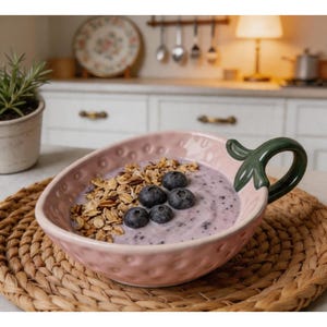 May include: A pink ceramic strawberry-shaped bowl filled with granola and blueberries. The bowl has a green handle and sits on a woven placemat. The background shows a kitchen setting with a plant and decorative items.