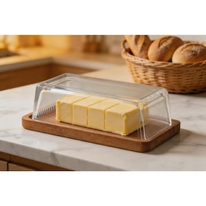 May include: A rectangular wooden butter dish with a clear, ridged plastic lid. The dish holds a block of yellow butter, pre-cut into six portions. A basket of bread rolls is in the background.