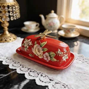 Puede incluir: Una mantequera de cerámica roja con diseños florales y una libélula dorada. El plato rectangular tiene una tapa curvada. El diseño floral incluye rosas rosas y blancas con hojas verdes.