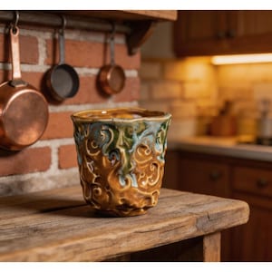 May include: A ceramic mug with a textured, embossed design. The mug features a blend of earthy tones, including brown, green, and blue, and sits on a rustic wooden surface. The mug is approximately 10 cm tall and is suitable for hot or cold beverages.