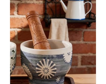 Mortero y maja de cerámica personalizables / Molinillo de ajo con diseño floral azul, triturador de especias