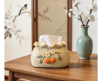 Customizable Ceramic Tissue Box | Hand-Painted Persimmon Daisy Purse Decor
