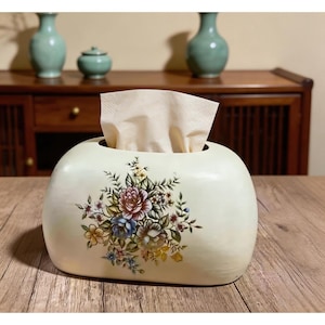 Caja de pañuelos de cerámica personalizable / Decoración para el hogar con ramo floral vintage pintado a mano