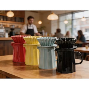 Anpassad Origami Keramisk Kaffeset med Pour-Over-funktion, Räfflad Droppkanna, Livfulla Färger