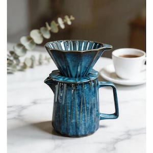 Personalized Blue Glazed Ceramic V60 Pour-Over Coffee Set, Handcrafted Drip Pot