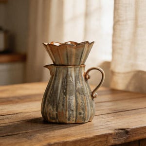 Può includere: Una caffettiera in ceramica a versamento con un design a coste e strutturato. La caffettiera è di colore verde e marrone tenue, con una parte superiore a forma di fiore e un manico. È appoggiata su una superficie di legno.