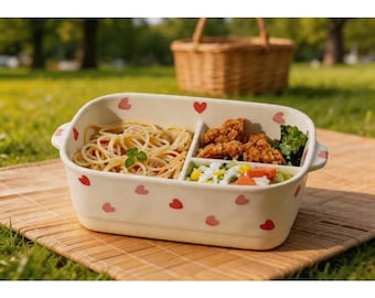 Fiambrera bento de cerámica con tapa, diseño personalizado de corazones y compartimentos, apta para microondas, ideal para el trabajo y la escuela.