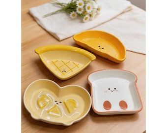 Juego de platos de cerámica Kawaii, platos para tostadas, croissants y gofres pintados a mano.
