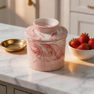 Puede incluir: Una mantequera de cerámica rosa y blanca veteada con tapa. A la izquierda hay un pequeño plato dorado y a la derecha un cuenco blanco con fresas. La mantequera está sobre una superficie de mármol blanco.
