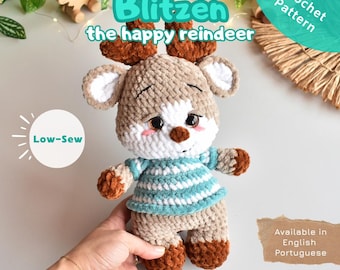 Reindeer PDF Crochet Pattern – Amigurumi Pattern (Low-Sew) – BLITZEN, the happy reindeer – Instant Download (English |Portuguese)