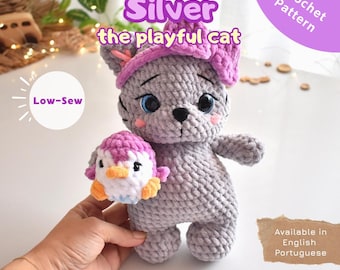 PDF Crochet Pattern – Low-Sew Amigurumi Pattern – Silver, the playful cat - Instant Download (English | Portuguese)