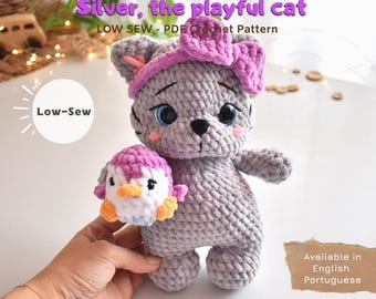 PDF Crochet Pattern – Low-Sew Amigurumi Pattern – Silver, the playful cat - Instant Download (English | Portuguese)