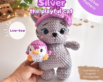 PDF Crochet Pattern – Low-Sew Amigurumi Pattern – Silver, the playful cat - Instant Download (English | Portuguese)