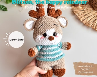 Reindeer PDF Crochet Pattern – Amigurumi Pattern (Low-Sew) – BLITZEN, the happy reindeer – Instant Download (English |Portuguese)