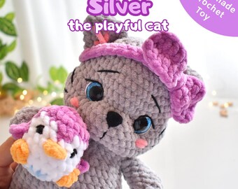 Crochet Handmade Toy – Silver, the playful cat