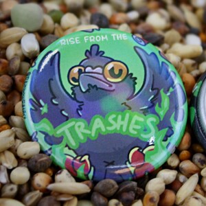 Può includere: Bottone rotondo con un design a fumetto di un piccione nei toni del verde, viola e nero, con la scritta "RISE FROM THE TRASHES". Il bottone è posto su uno sfondo di semi e cereali misti. È visibile anche il retro del bottone.