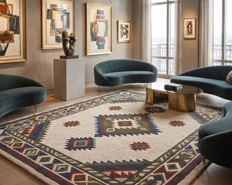 Handtuftad ullmatta, sydvästlig tribal matta, geometrisk matta, handgjord boho matta, aztekisk vardagsrumsmatta, rustik designermatta