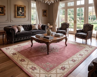 Handmade Wool Rug, Hand Tufted Floral Carpet, Pink Persian Area Rug, Traditional Flower Rug, Luxury Living Room Carpet, Elegant Home Decor