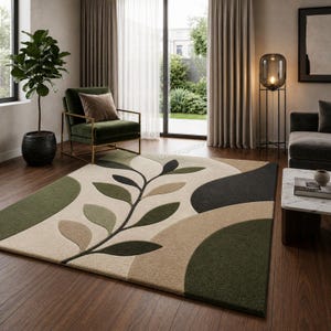 Modern Botanical Area Rug Beige Green Tufted Carpet Minimalist Leaf Pattern Nature Inspired Living Room Bedroom Decor Soft Rug