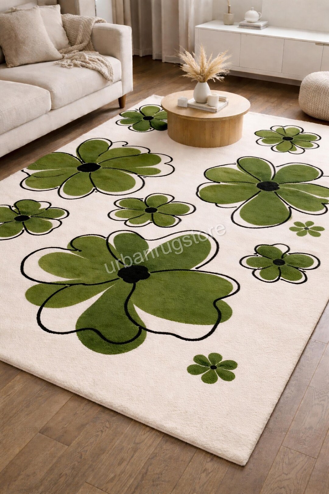 Clh Rug Green Floral Area Rug, Modern Flower Design Carpet, Botanical Living ...