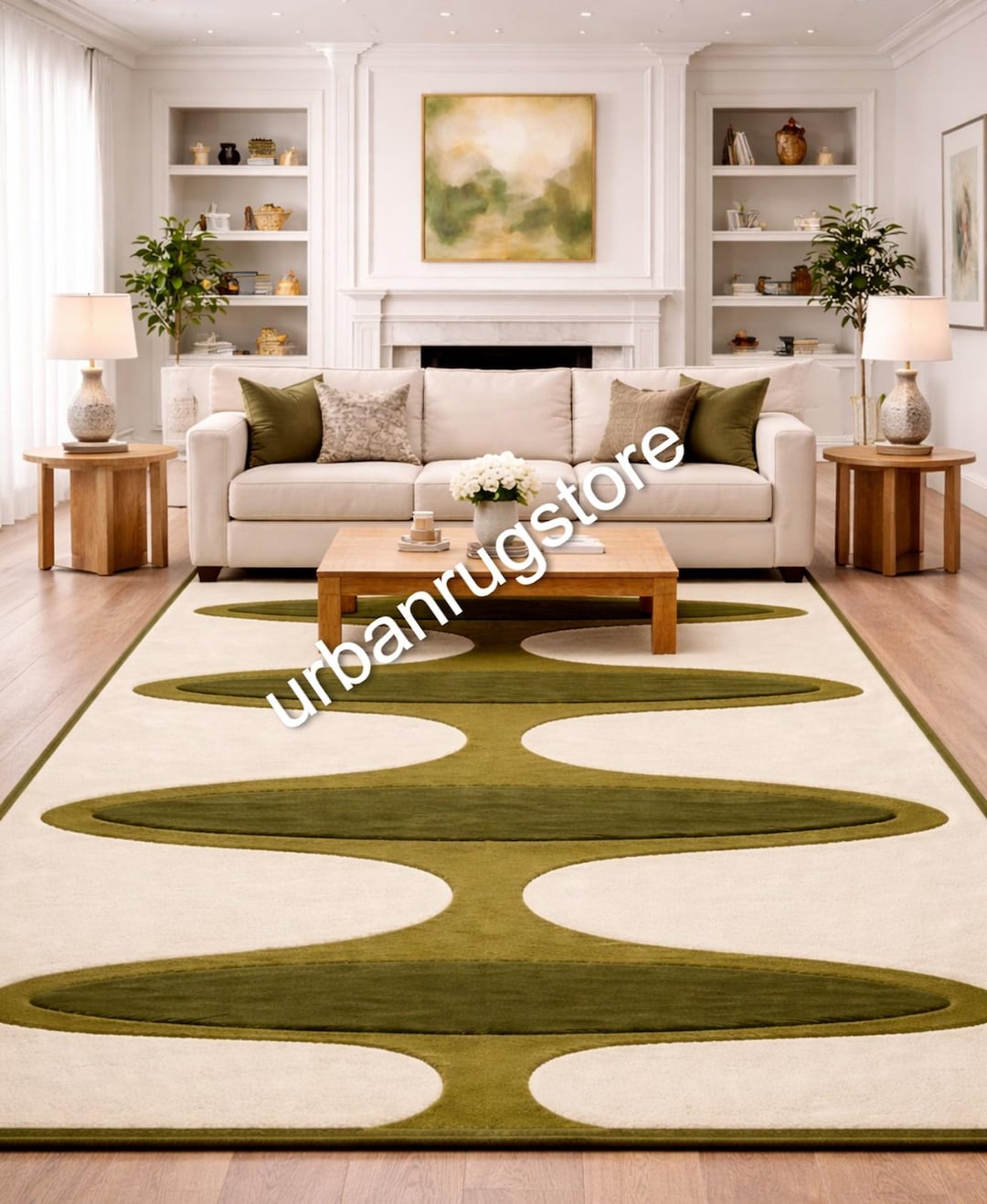 Hand Tufted Wool Rug, Olive Green Abstract Organic Shape Carpet, Modern ...