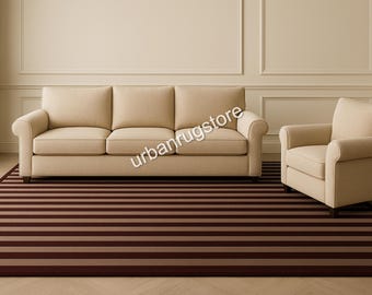 Alfombra de rayas marrones y burdeos, moderna y minimalista, tejida a mano, ideal para sala de estar, dormitorio, oficina y decoración neutra.