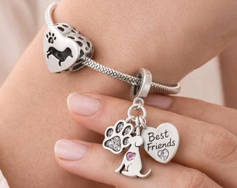 Sterling Silver Dog Paw Charm-Best Friend, DIY Animal Pendant for Bracelet, Christmas Jewelry, Gift for Her