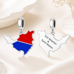 Saint Martin Charm, 925 Sterling Silver Sint Maarten Map Charm, Caribbean Travel Jewelry, Flag Charm Pendant for Bracelet, Gift for Her