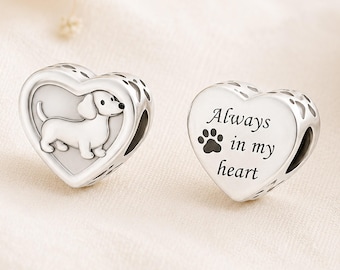 925 Sterling Silver Dachshund Heart Charm, Wiener Dog Charm Bead-Always in My Heart, Suitable for Pandora Bracelets, Dog Lover Jewelry