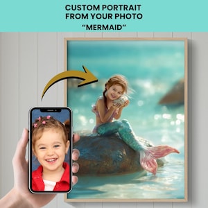 Custom Mermaid Portrait from Photo, Personalized Mermaid Wall Art, Unique Girls Birthday Gift, Kids Bedroom Ocean Bedroom Decor, SKU ME2