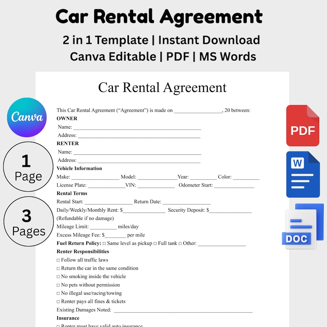 Car Rental Agreement Template, Editable Auto Rental Contract, Auto ...