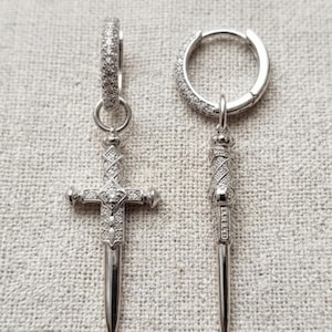 Sterling Silver Sword Cross Hoop Earrings, White Zircon Pave, Gothic Dangle Jewelry