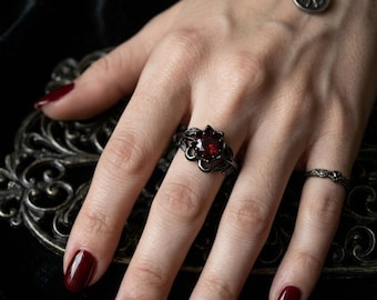 Gothic Red Zircon Ring – Black Floral Vampire Adjustable Band Witchcore Jewelry