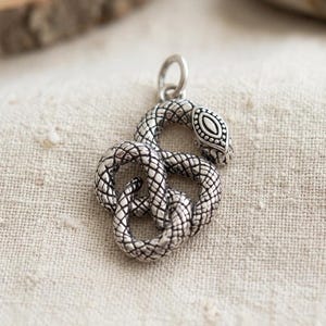 Puede incluir: Un colgante de metal plateado con forma de serpiente enroscada con texturas de escamas detalladas y un pequeño anillo circular en la parte superior para su fijación. La serpiente se muestra en una posición en bucle con cabeza definida.