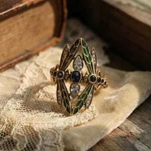 Art Nouveau Dragonfly Ring, Vintage Green Enamel Insect Jewelry image 5